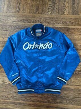 ORLANDO MAGIC NBA Mitchell & Ness Orlando Blue Satin bomber Jacket.